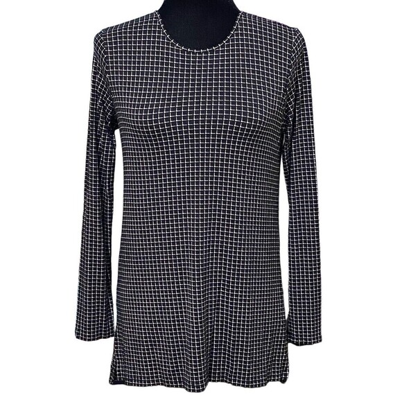 J Jill Wearever Black White Check Tunic Top XS Mod Retro Minimalist Long Sleeve - Picture 1 of 7